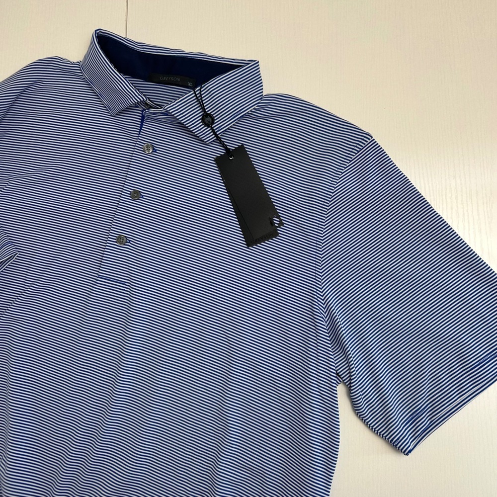 Greyson Performance Polo Mens XL Blue Arctic White Striped Golf Shirt New